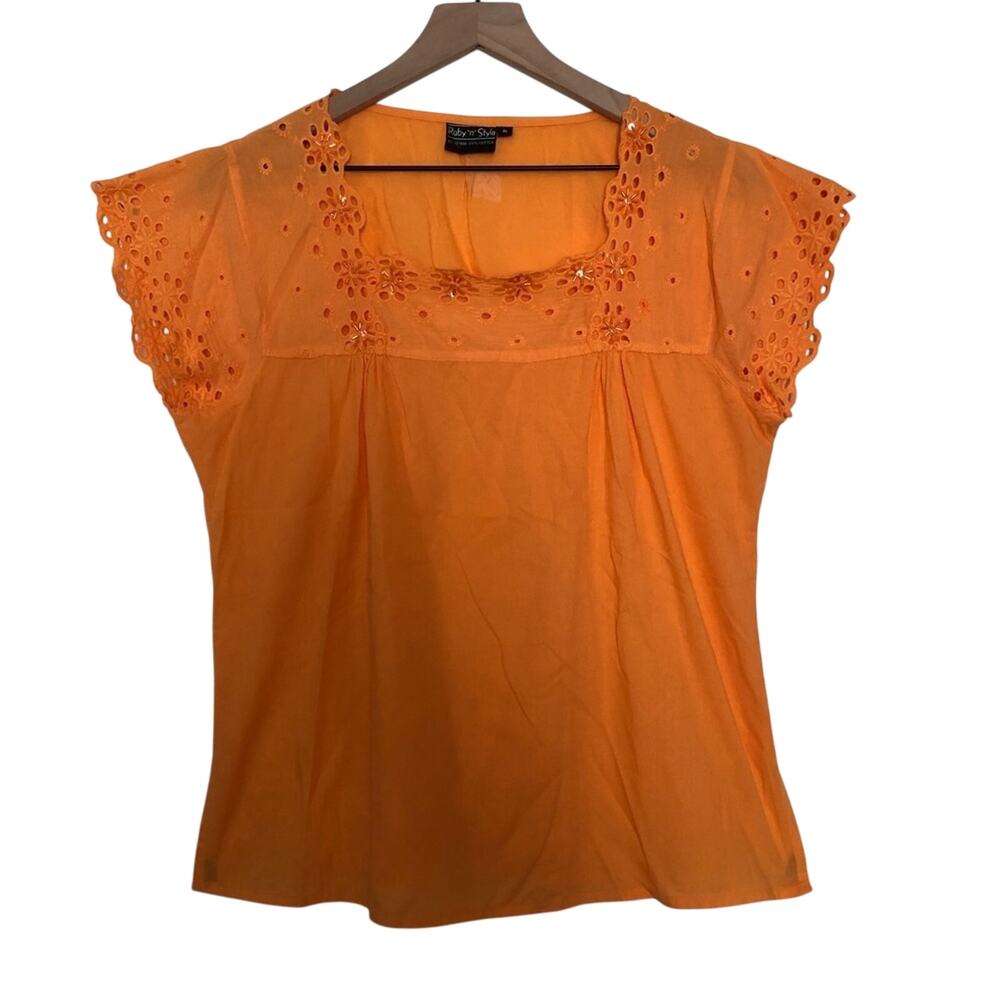 Ruby n Style Orange Cotton Cutout Embroidery Beaded Cap Short Sleeve Blouse
